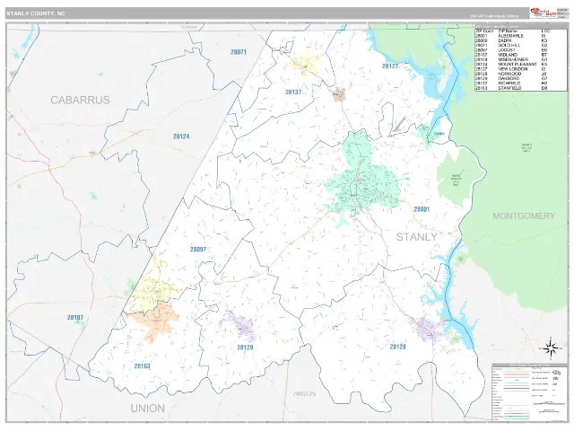 Stanly County, NC ZIP Code Wall Map, Classic style
