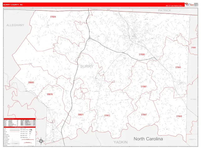 Surry County, NC ZIP Code Wall Map, RedLine style