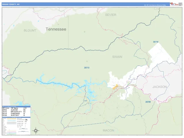 Swain County, NC ZIP Code Wall Map, Business Reference style