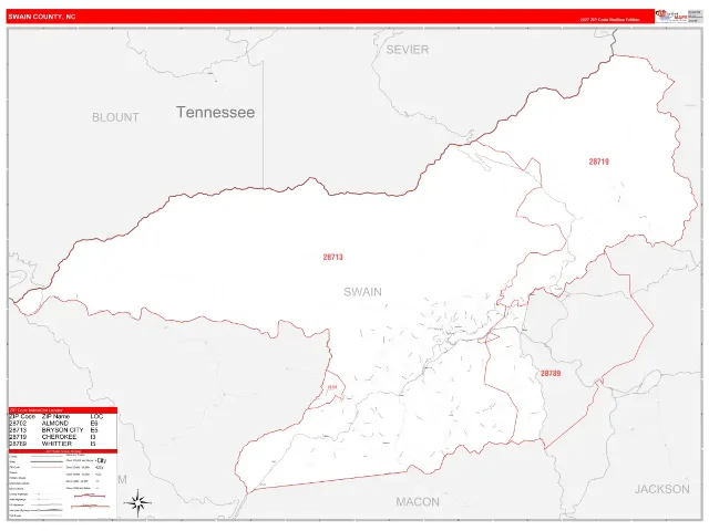 Swain County, NC ZIP Code Wall Map, RedLine style