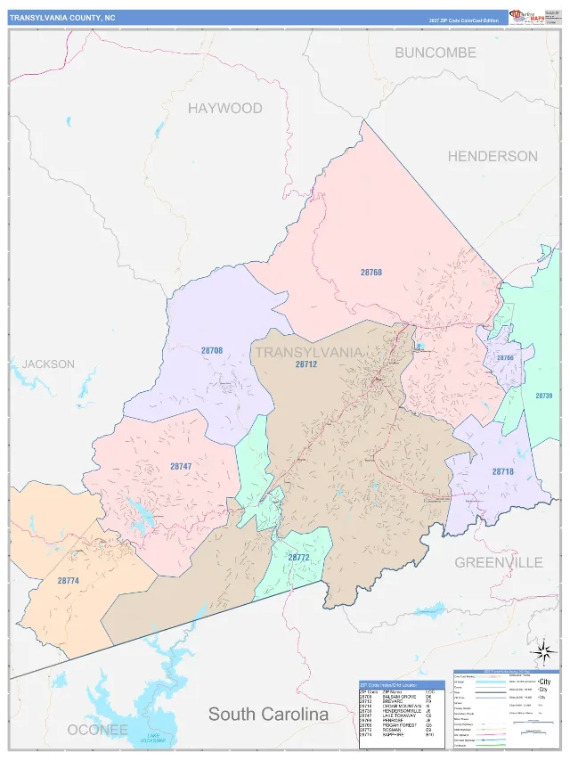 Transylvania County, NC ZIP Code Wall Map, ColorCast style