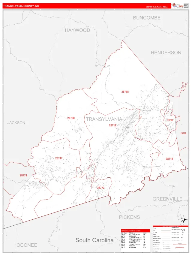 Transylvania County, NC ZIP Code Wall Map, RedLine style