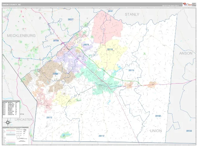 Union County, NC ZIP Code Wall Map, Classic style