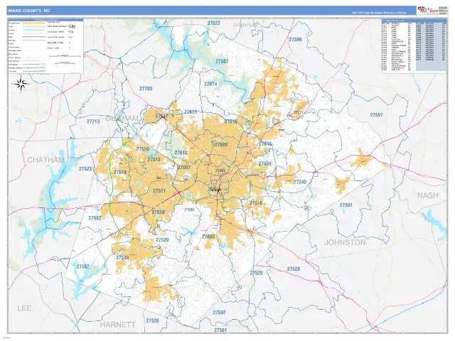 Wake County, NC ZIP Code Wall Map, Business Reference style