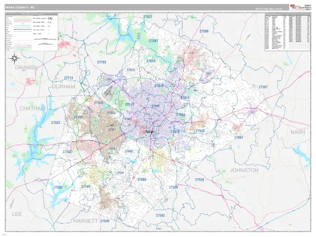 Wake County, NC ZIP Code Wall Map, Classic style