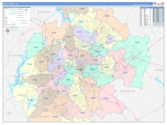 Wake County, NC ZIP Code Wall Map, ColorCast style