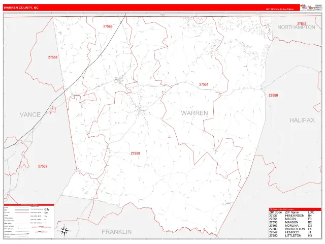 Warren County, NC ZIP Code Wall Map, RedLine style