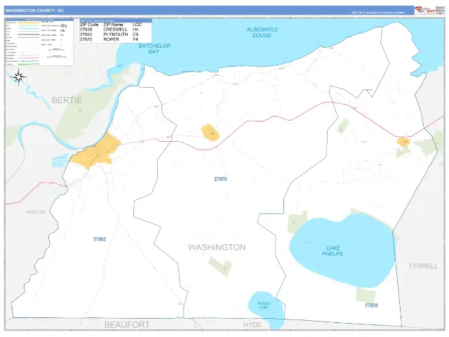 Washington County, NC ZIP Code Wall Map, Business Reference style