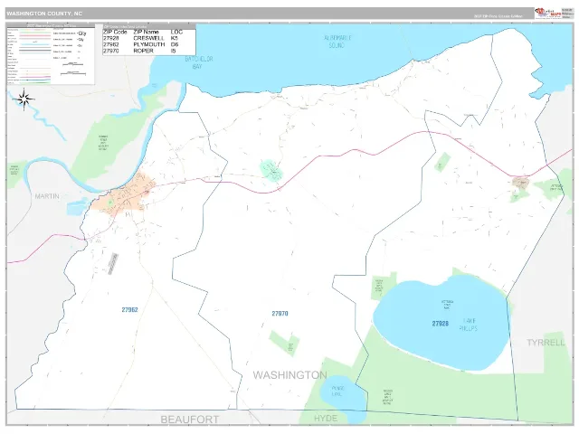 Washington County, NC ZIP Code Wall Map, Classic style