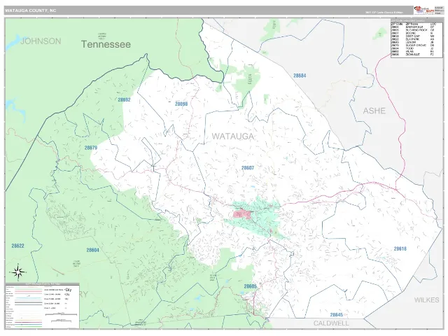 Watauga County, NC ZIP Code Wall Map, Classic style