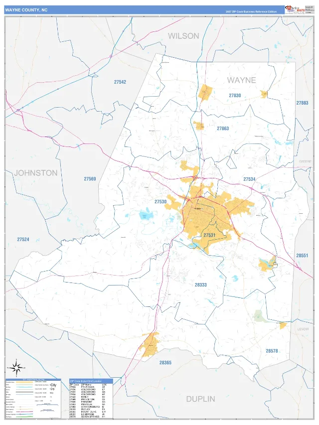 Wayne County, NC ZIP Code Wall Map, Business Reference style