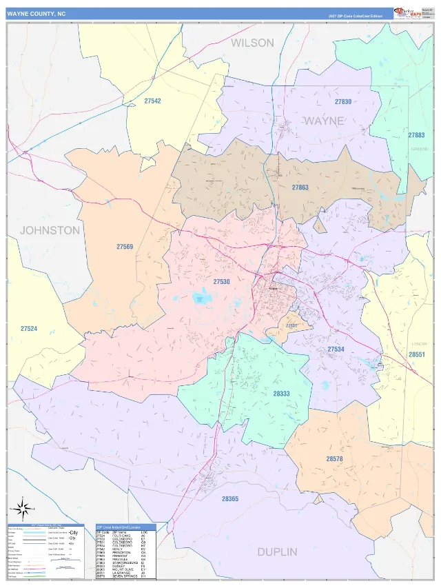 Wayne County, NC ZIP Code Wall Map, ColorCast style