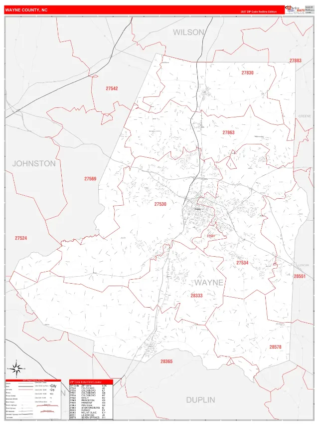 Wayne County, NC ZIP Code Wall Map, RedLine style