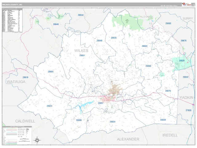 Wilkes County, NC ZIP Code Wall Map, Classic style