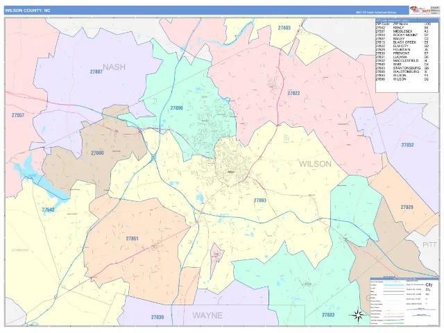 Wilson County, NC ZIP Code Wall Map, ColorCast style