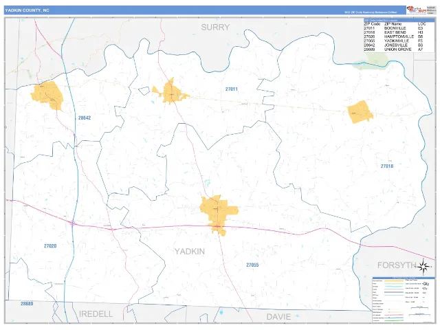 Yadkin County, NC ZIP Code Wall Map, Business Reference style