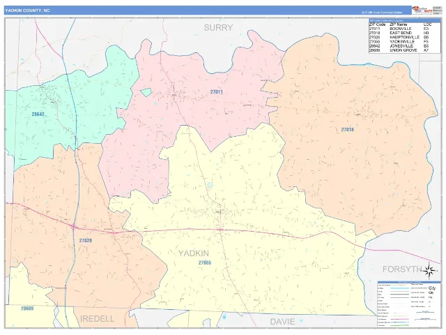 Yadkin County, NC ZIP Code Wall Map, ColorCast style