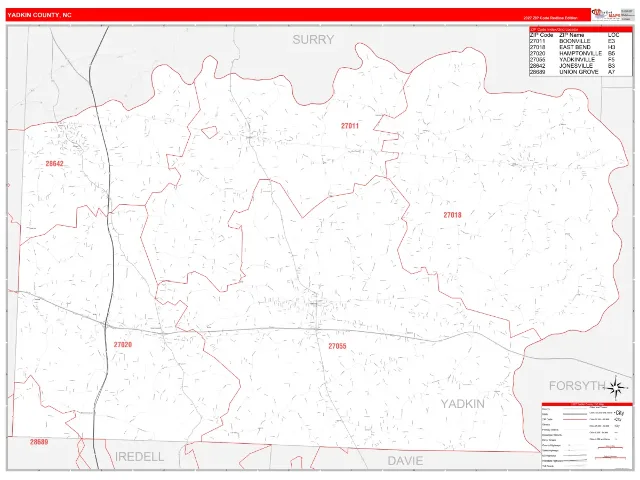 Yadkin County, NC ZIP Code Wall Map, RedLine style