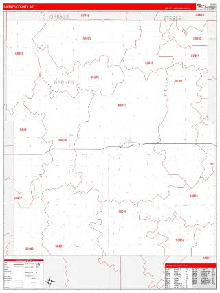 Barnes County, ND RedLine style ZIP Code wall map
