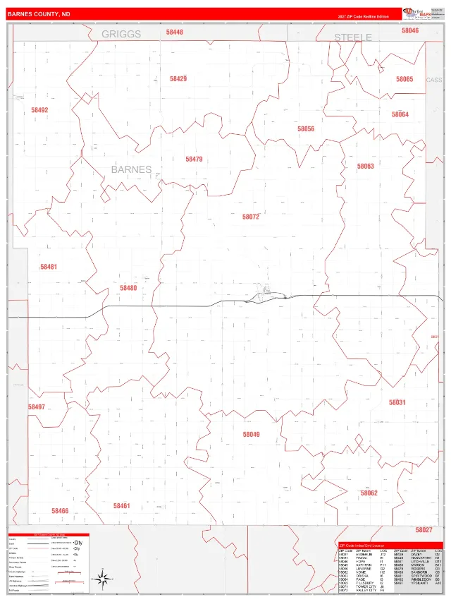 Barnes County, ND ZIP Code Wall Map, RedLine style