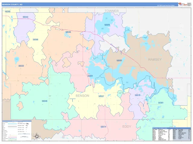 Benson County, ND ZIP Code Wall Map, ColorCast style