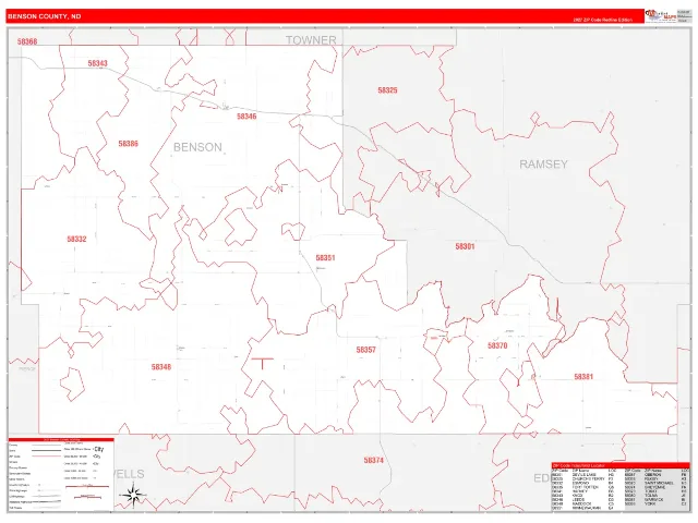 Benson County, ND ZIP Code Wall Map, RedLine style