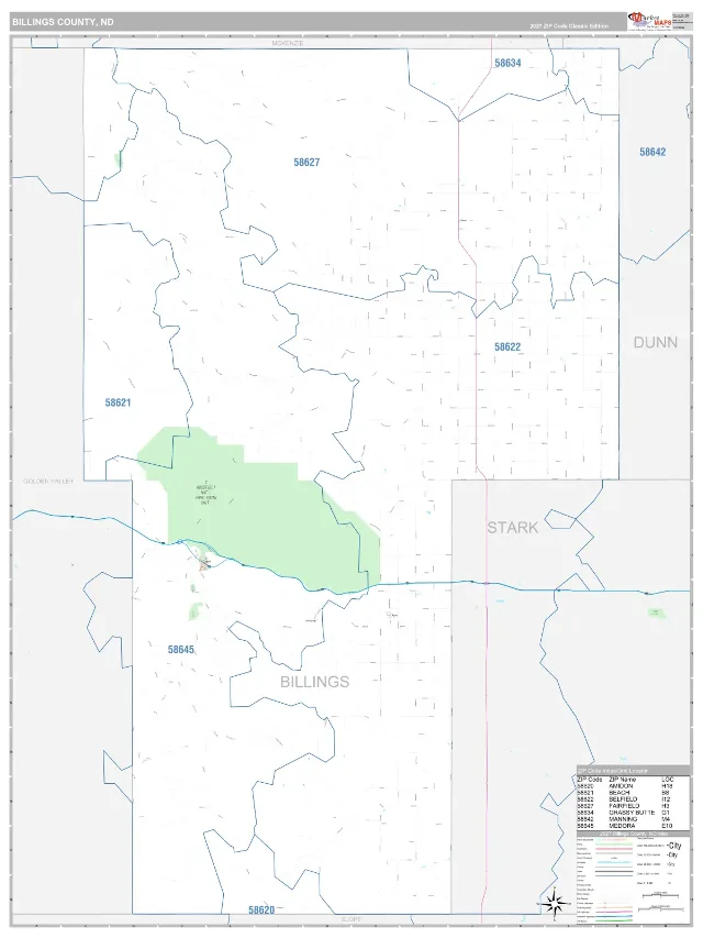 Billings County, ND ZIP Code Wall Map, Classic style