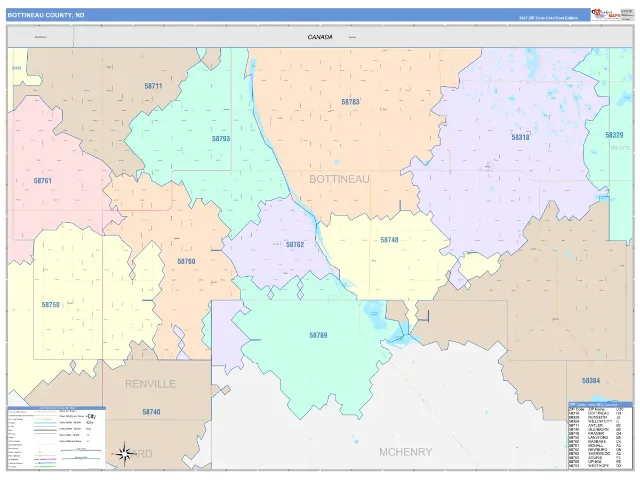 Bottineau County, ND ZIP Code Wall Map, ColorCast style