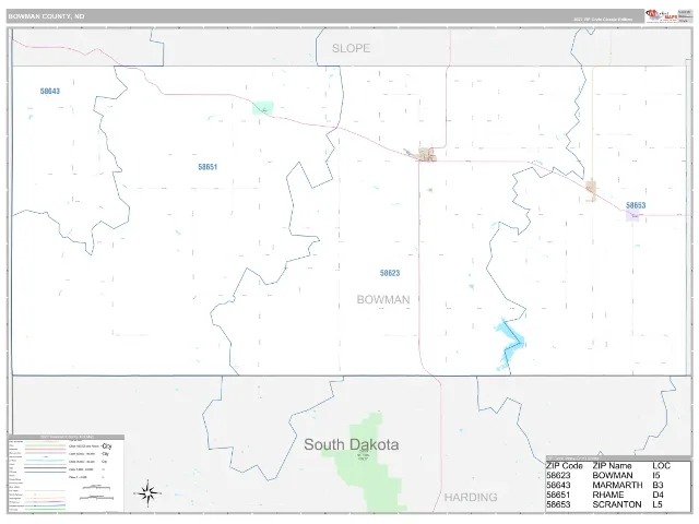 Bowman County, ND ZIP Code Wall Map, Classic style