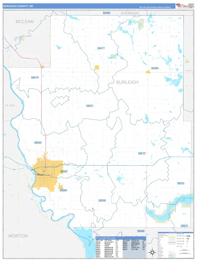 Burleigh County, ND ZIP Code Wall Map, Business Reference style