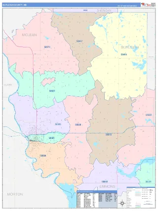 Burleigh County, ND ColorCast style ZIP Code wall map
