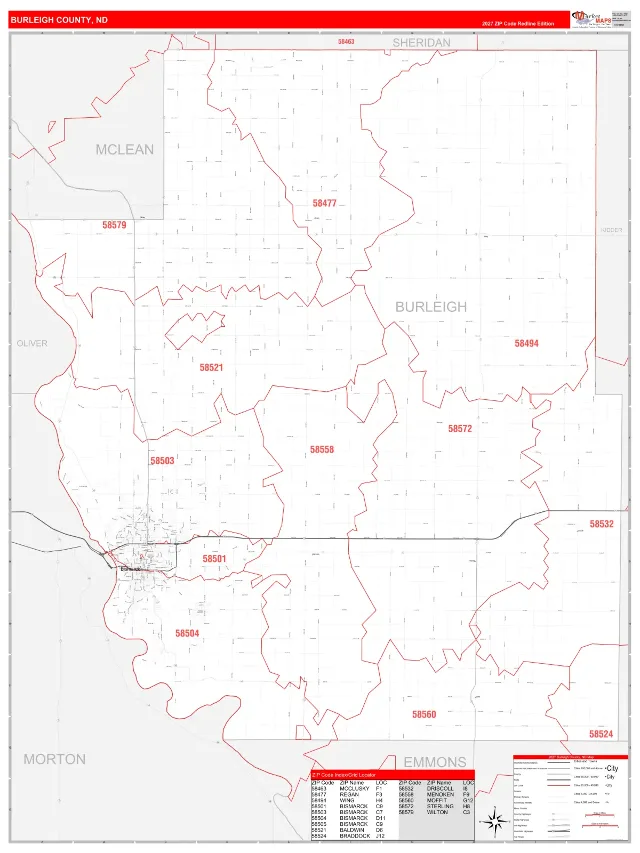 Burleigh County, ND ZIP Code Wall Map, RedLine style