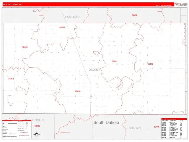 Dickey County, ND ZIP Code Wall Map, RedLine style