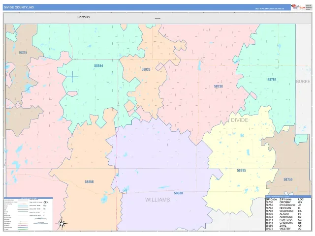 Divide County, ND ZIP Code Wall Map, ColorCast style