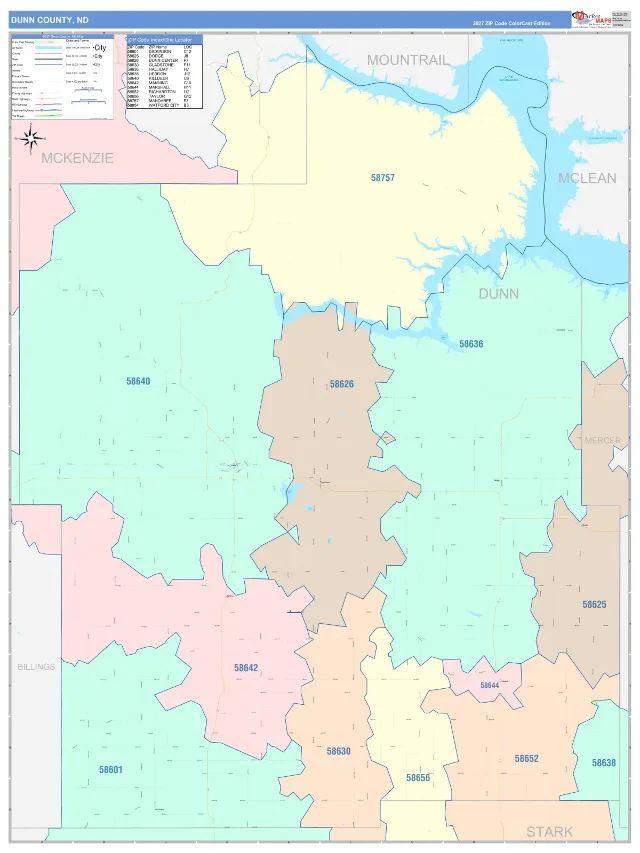 Dunn County, ND ZIP Code Wall Map, ColorCast style