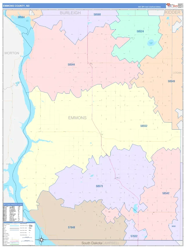 Emmons County, ND ZIP Code Wall Map, ColorCast style