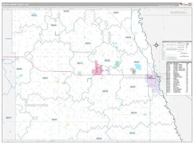Grand Forks County, ND ZIP Code Wall Map, Classic style