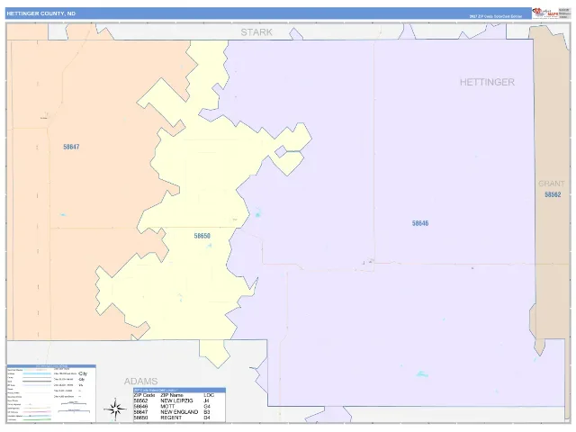 Hettinger County, ND ZIP Code Wall Map, ColorCast style