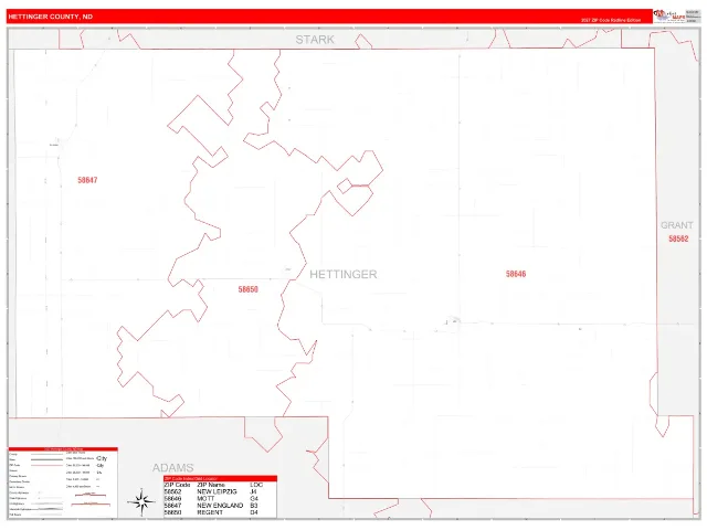 Hettinger County, ND ZIP Code Wall Map, RedLine style