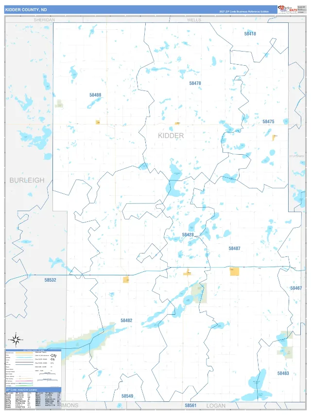 Kidder County, ND ZIP Code Wall Map, Business Reference style