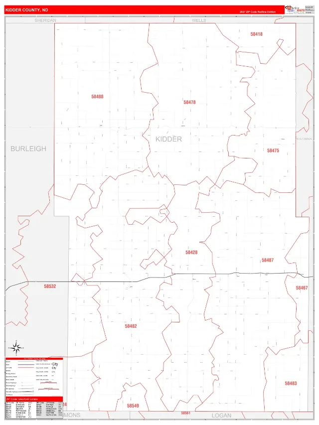 Kidder County, ND ZIP Code Wall Map, RedLine style