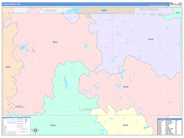 Logan County, ND ZIP Code Wall Map, ColorCast style