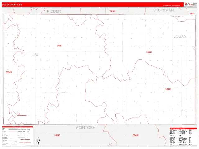 Logan County, ND ZIP Code Wall Map, RedLine style