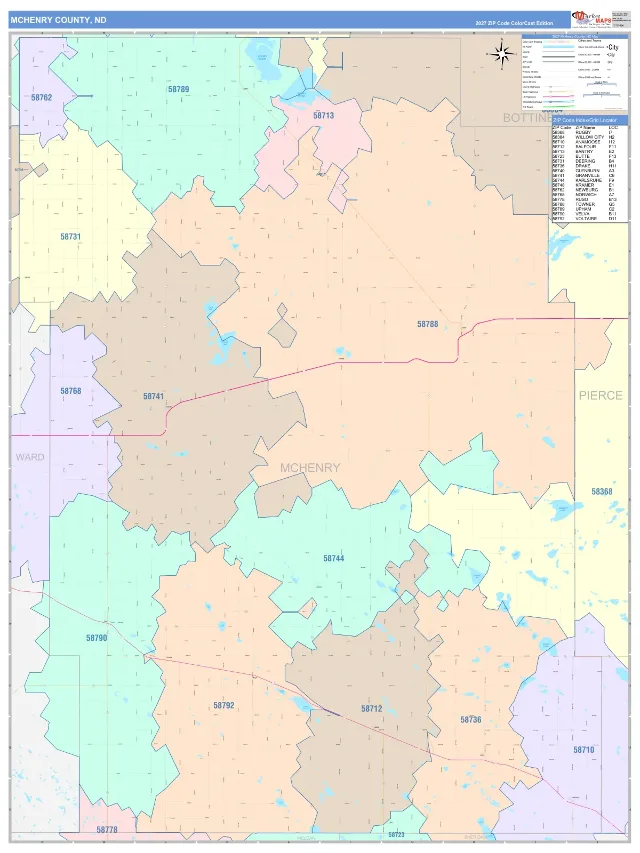 McHenry County, ND ZIP Code Wall Map, ColorCast style