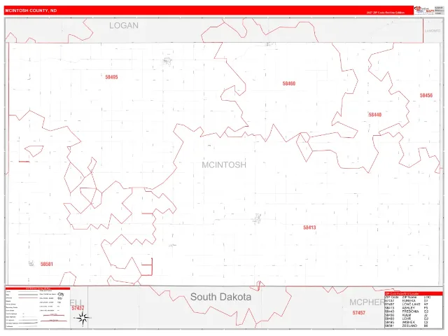 McIntosh County, ND ZIP Code Wall Map, RedLine style