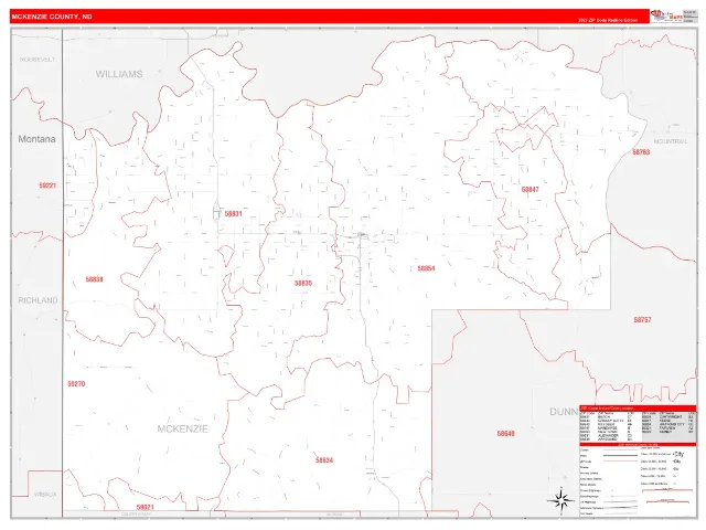 McKenzie County, ND ZIP Code Wall Map, RedLine style