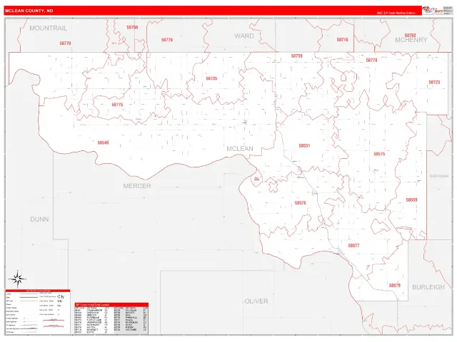 McLean County, ND ZIP Code Wall Map, RedLine style