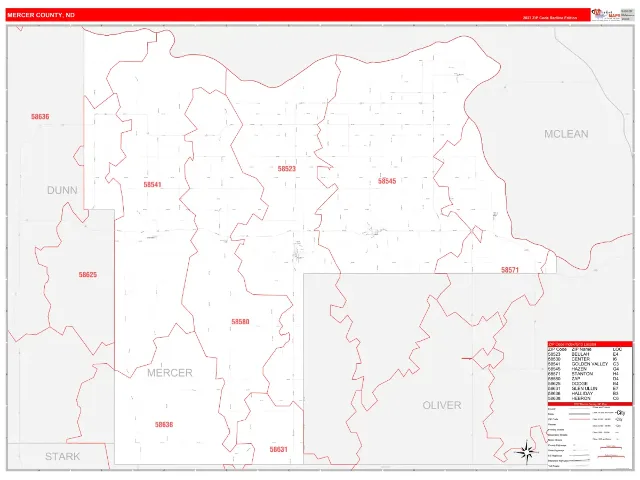 Mercer County, ND ZIP Code Wall Map, RedLine style