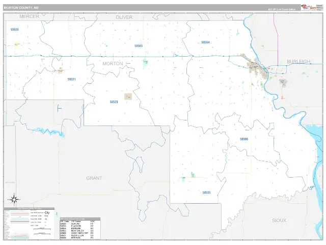 Morton County, ND ZIP Code Wall Map, Classic style