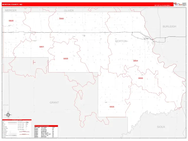 Morton County, ND ZIP Code Wall Map, RedLine style